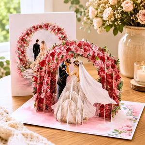 Wedding greeting card bride groom under roses