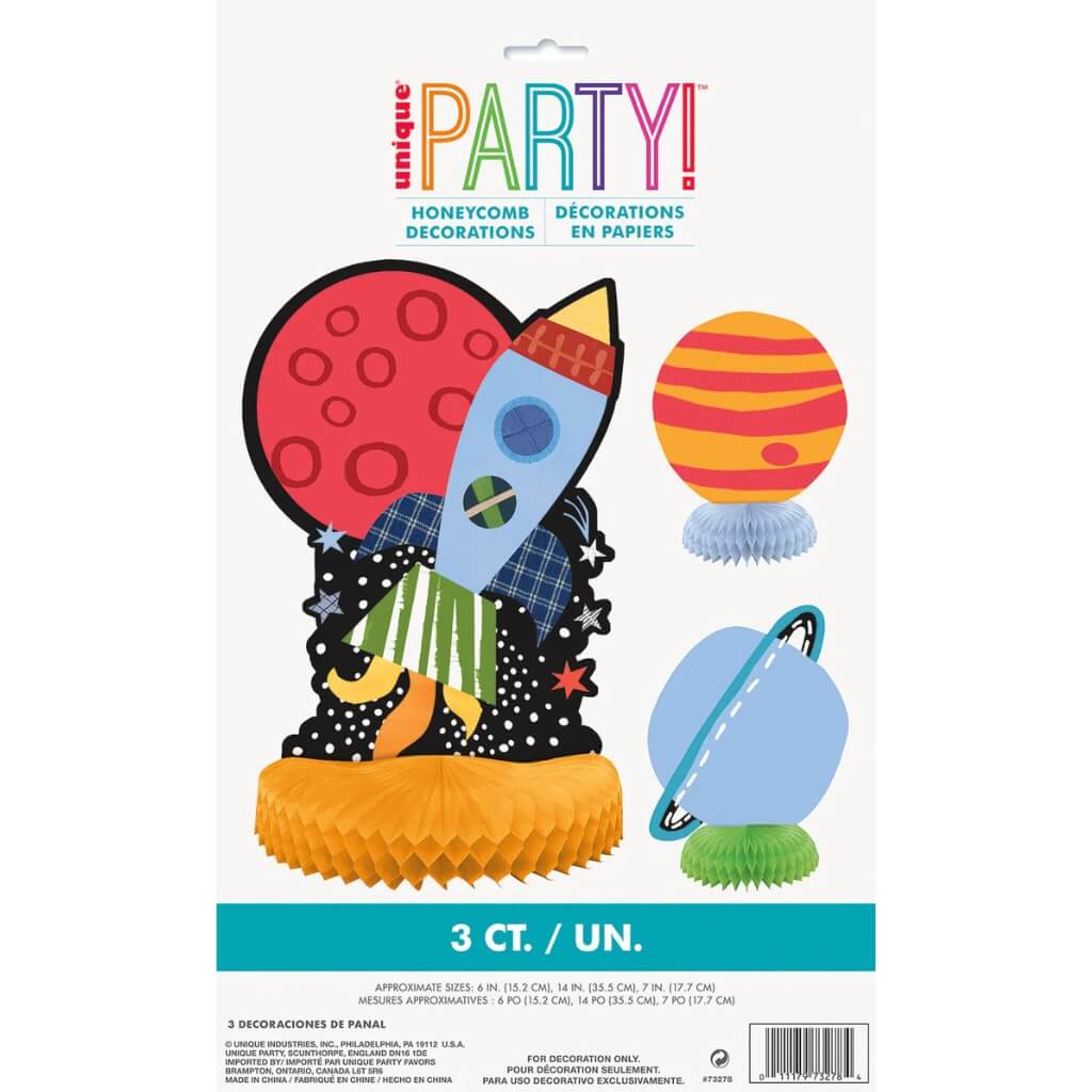 Pack of 3 Outer Space Honeycomb Table Centrepiece Decorations - Rocketship, Blue & Red Planets