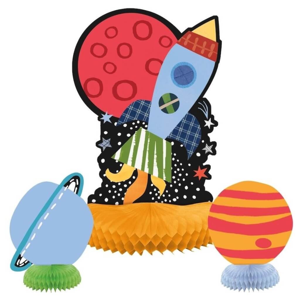 Pack of 3 Outer Space Honeycomb Table Centrepiece Decorations - Rocketship, Blue & Red Planets
