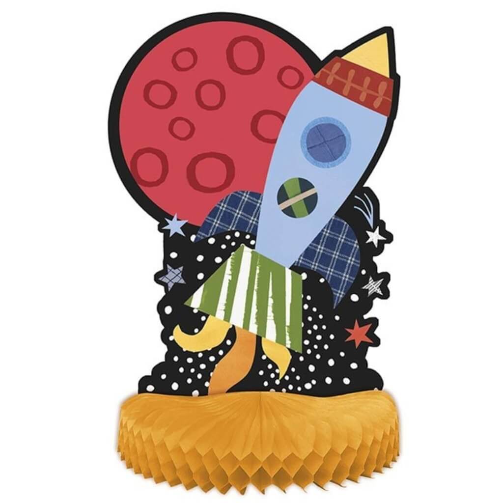 Pack of 3 Outer Space Honeycomb Table Centrepiece Decorations - Rocketship, Blue & Red Planets