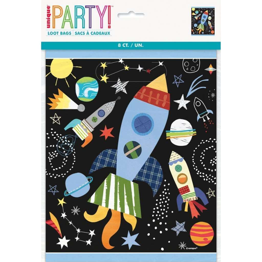 Space-themed party loot bags packaging with colorful rockets and planets on a black background.