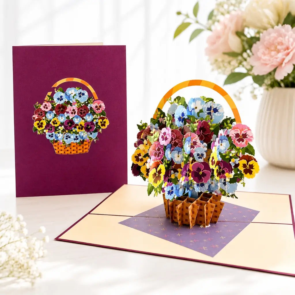 Gorgeous Pansies Flower Basket Origami Pop Card