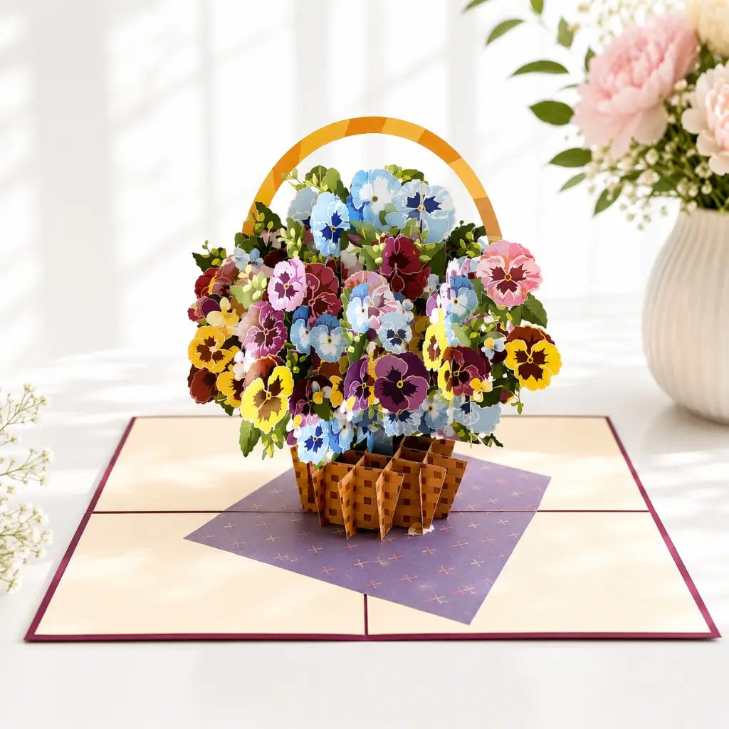 Gorgeous Pansies Flower Basket Origami Pop Card