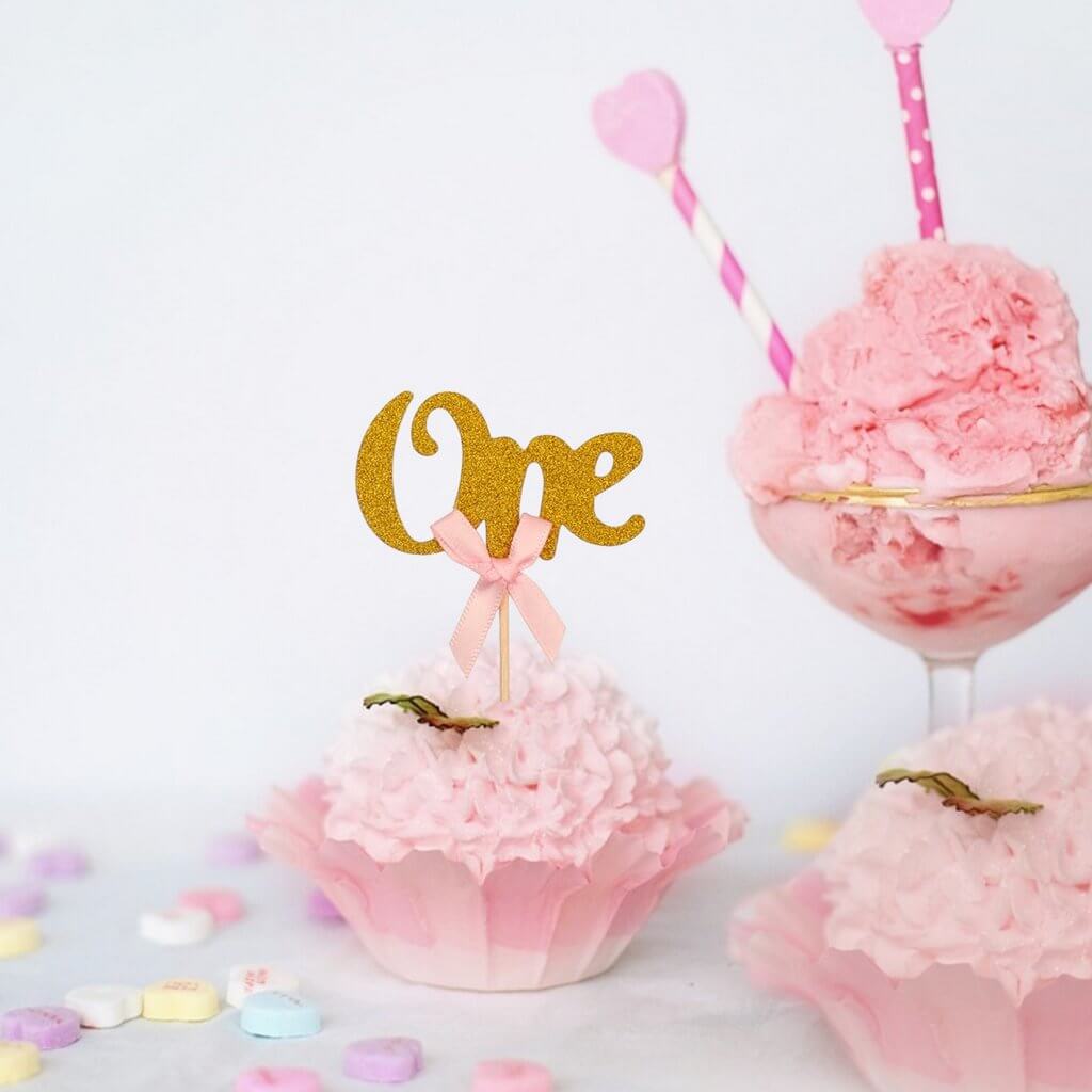 Gold Glitter One Script Paper Cupcake Topper 10 Pack