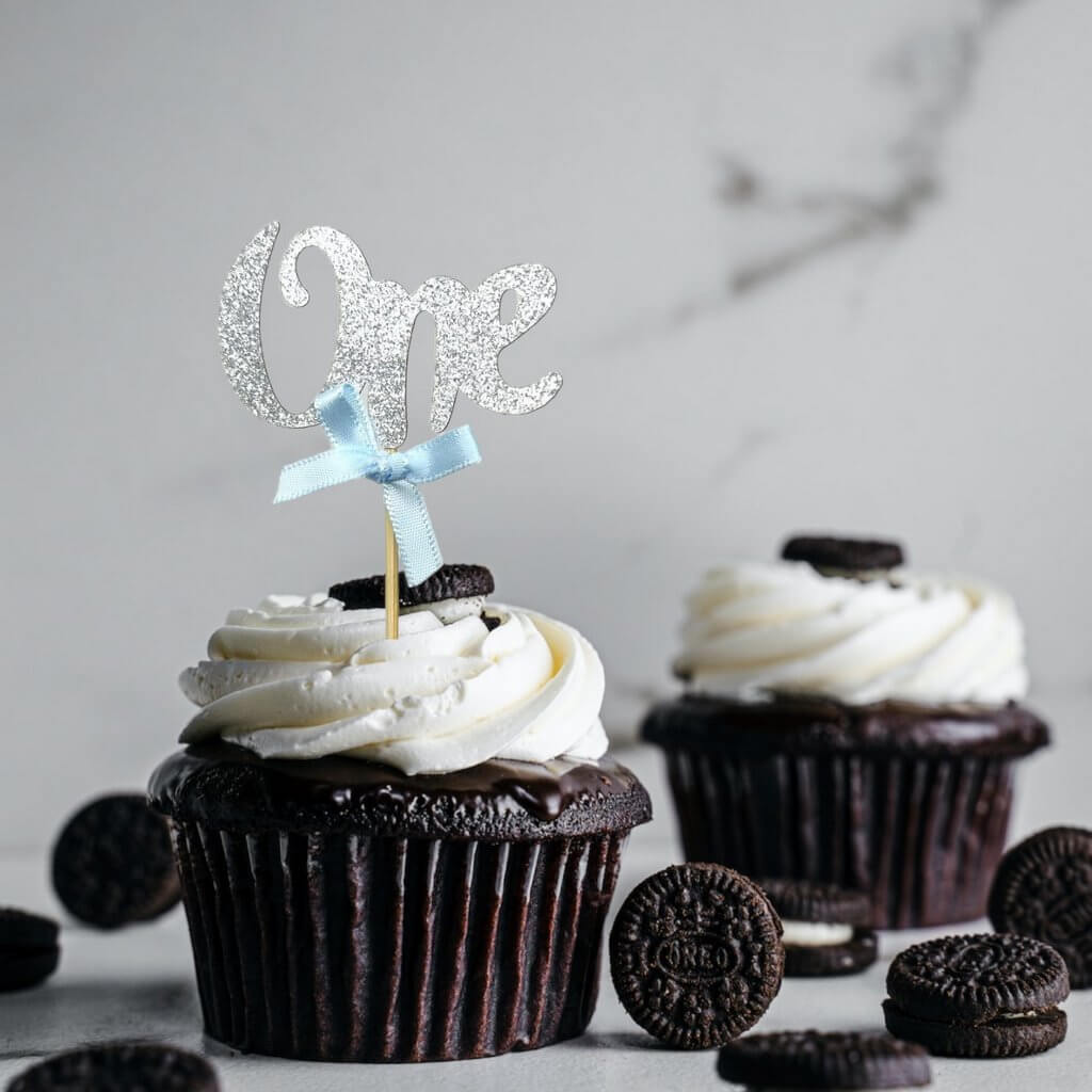 Silver Glitter One Script Paper Cupcake Topper 6 Pack - Blue Ribbon