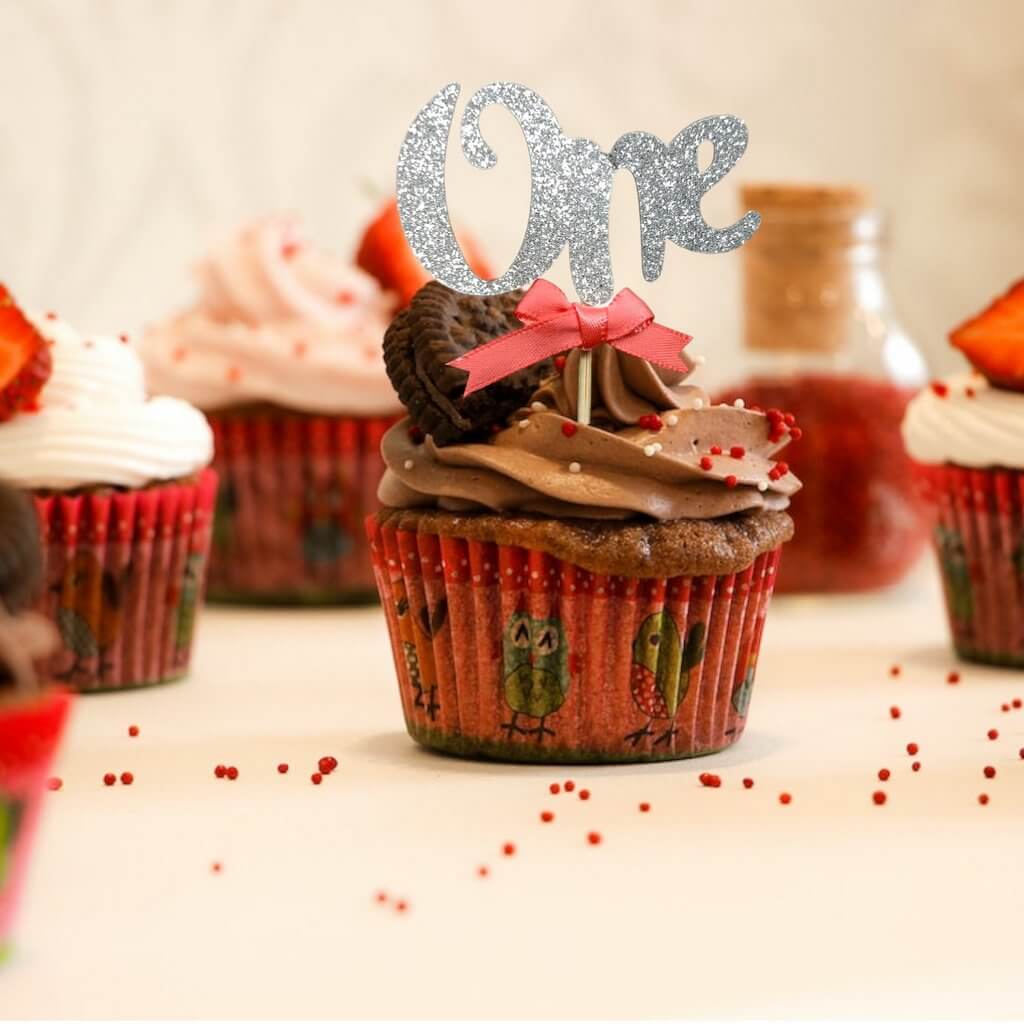 Silver Glitter One Script Paper Cupcake Topper 6 Pack - Watermelon Ribbon
