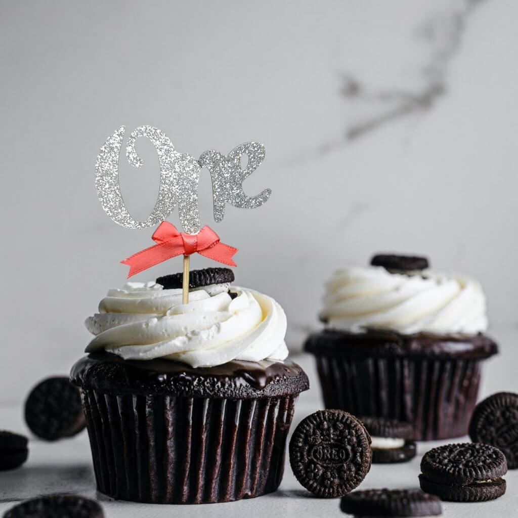 Silver Glitter One Script Paper Cupcake Topper 6 Pack - Watermelon Ribbon