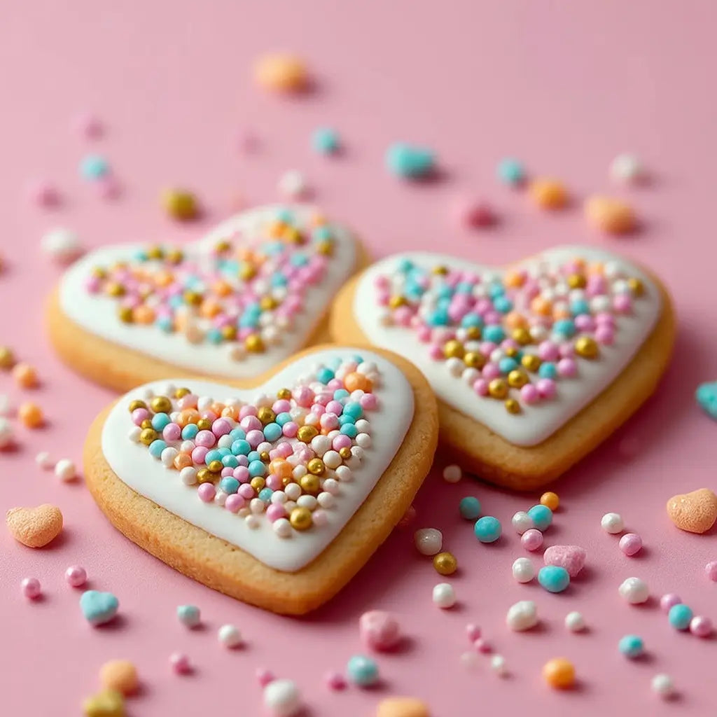 Mixed pink, blue, white, peach, and gold cake sprinkles on cookies
