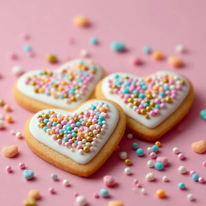 Mixed pink, blue, white, peach, and gold cake sprinkles on cookies