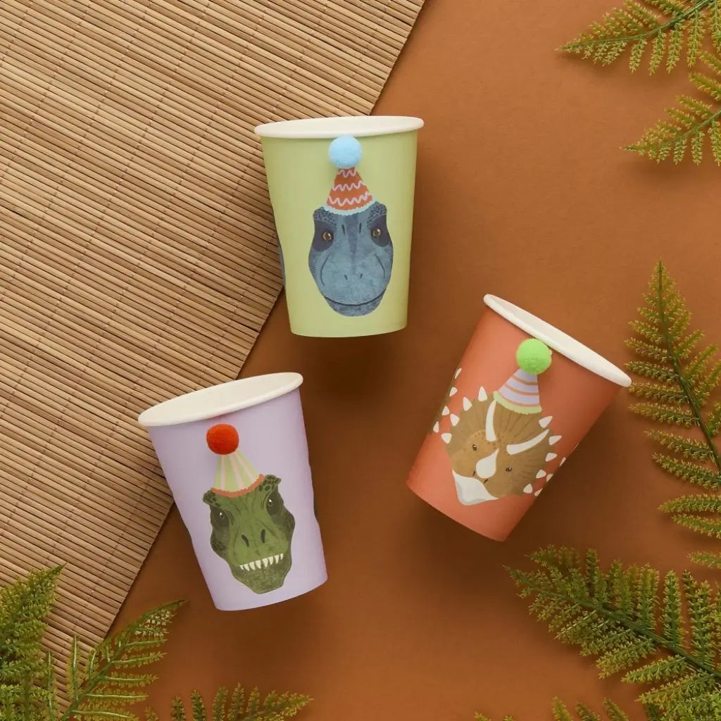 Party Dinosaurs Pom Pom Paper Cups 250ml 6 Pack