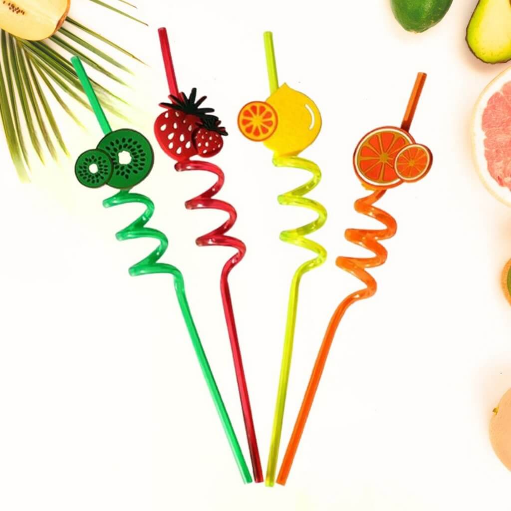 Assorted Fruit Swirly Plastic Straws 4pk