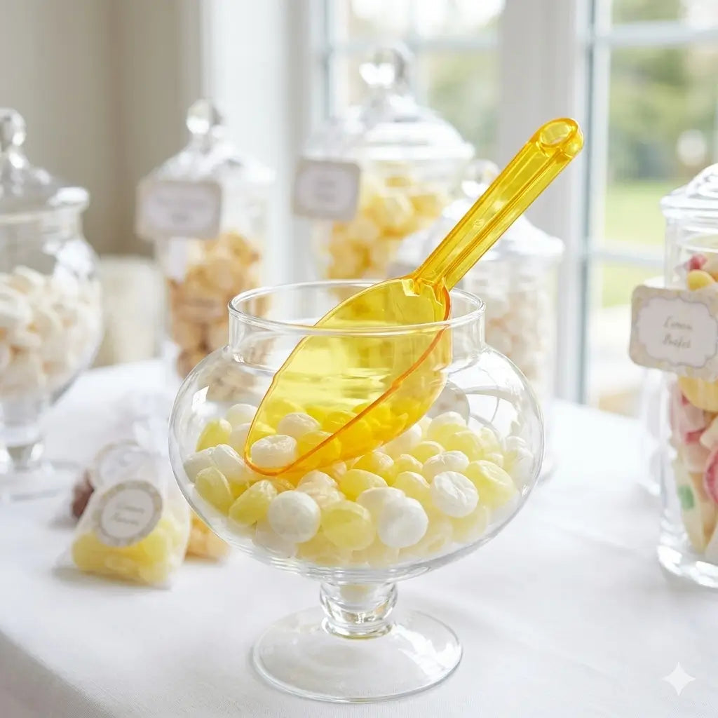 Yellow plastic scoop for candy buffet