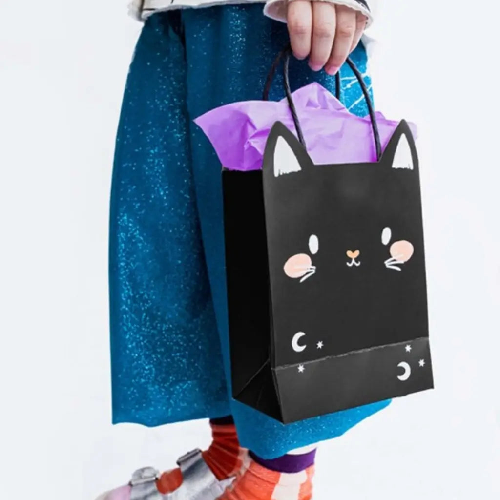 Black cat gift bag with a holographic silver moon-shaped tag
