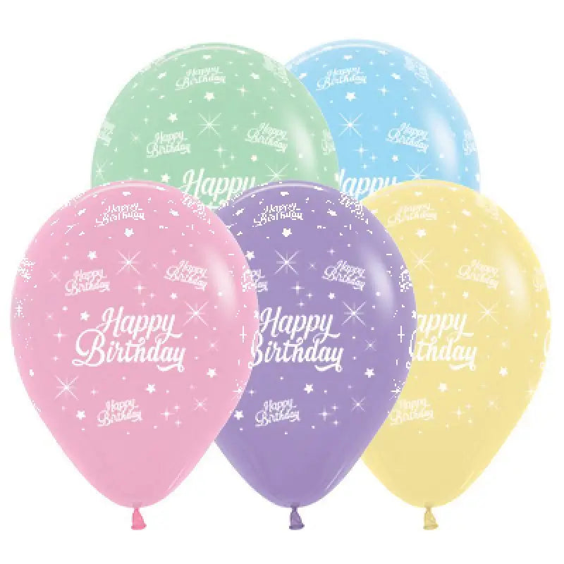 Pastel Assorted Happy Birthday Twinkling Star Latex Balloons 30cm 25pk