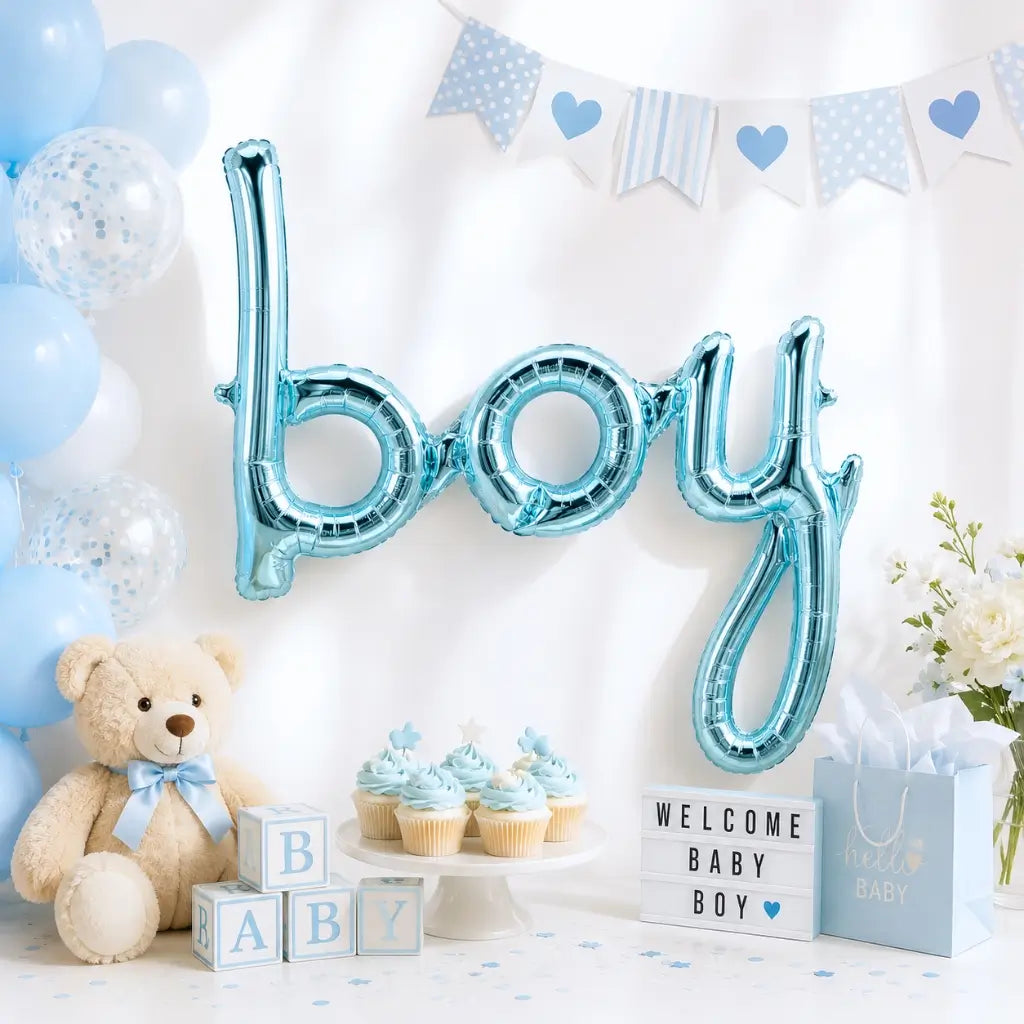 Pastel Blue 'Boy' Script Baby Shower Foil Balloon