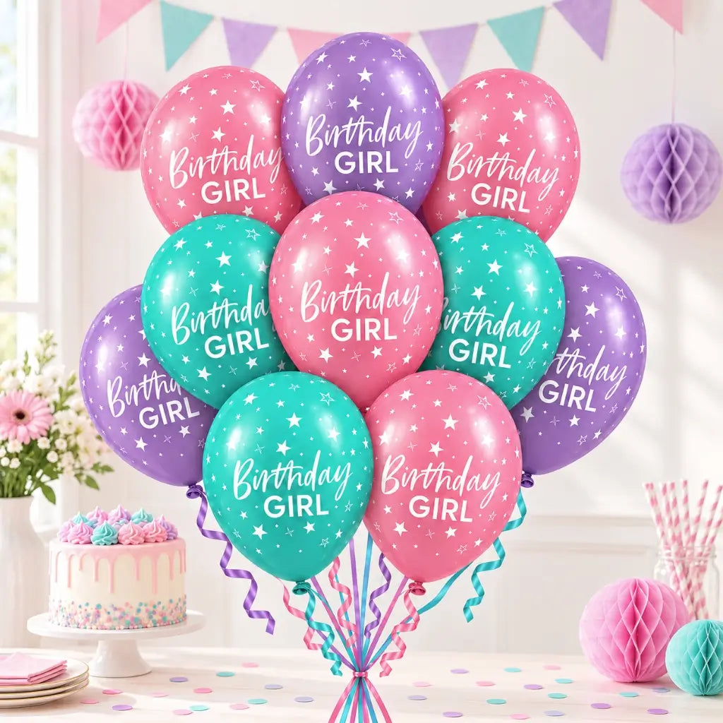 Pastel Birthday Girl printed latex balloons in a ten pack
