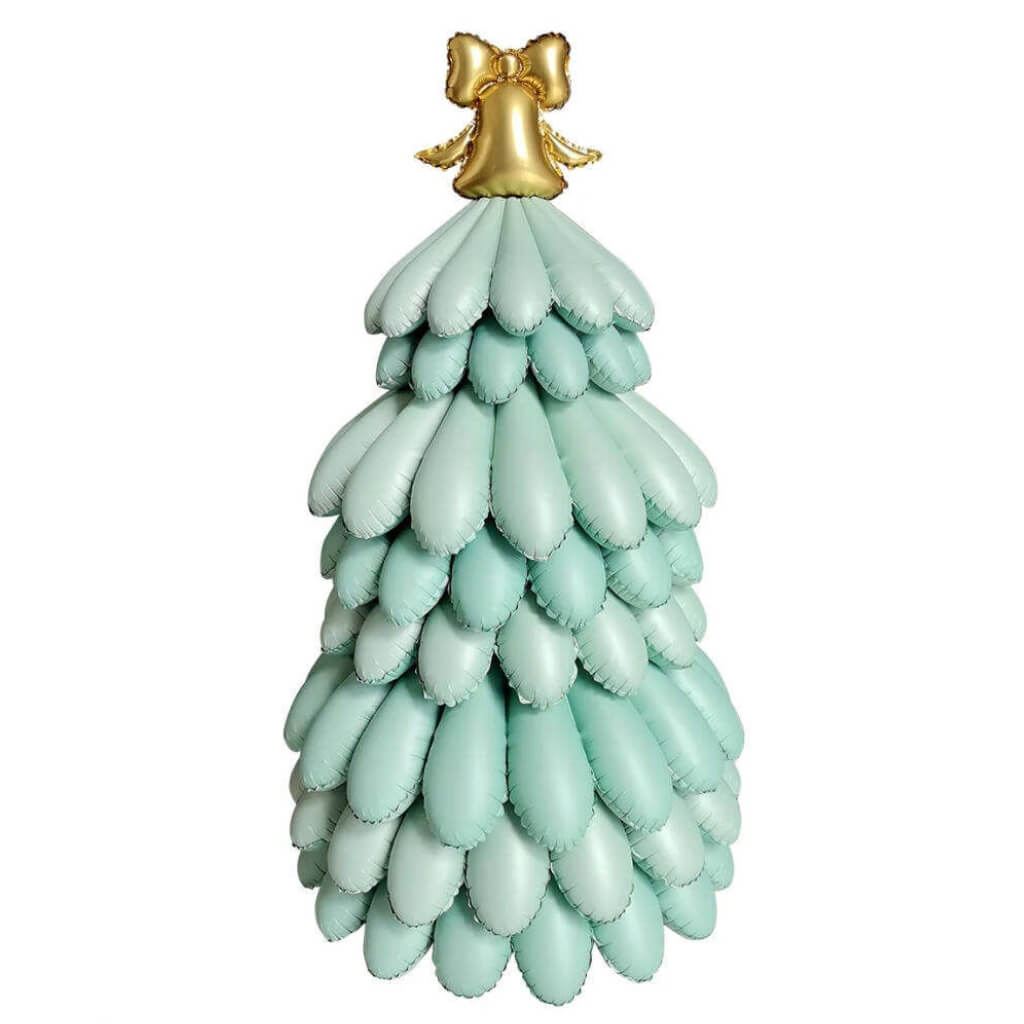 Pastel blue jumbo Christmas tree foil balloon standing 3D shape with gold bell topper