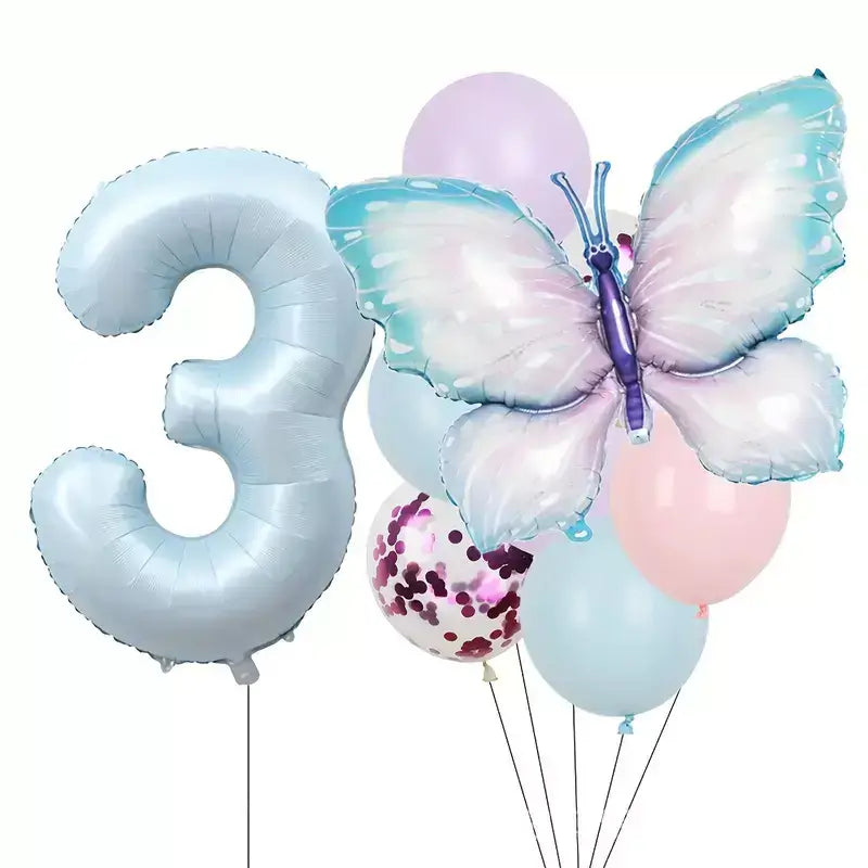 Pastel Blue Butterfly Birthday Balloon Bundle 8pk age 3