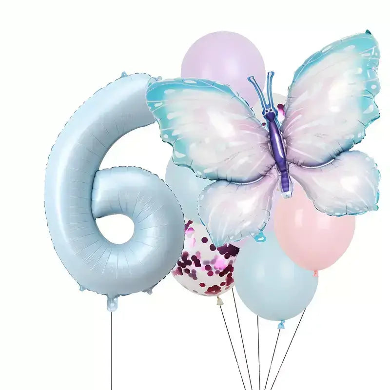 Pastel Blue Butterfly Birthday Balloon Bundle 8pk age 6