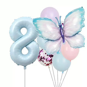 Pastel Blue Butterfly Birthday Balloon Bundle 8pk age 8