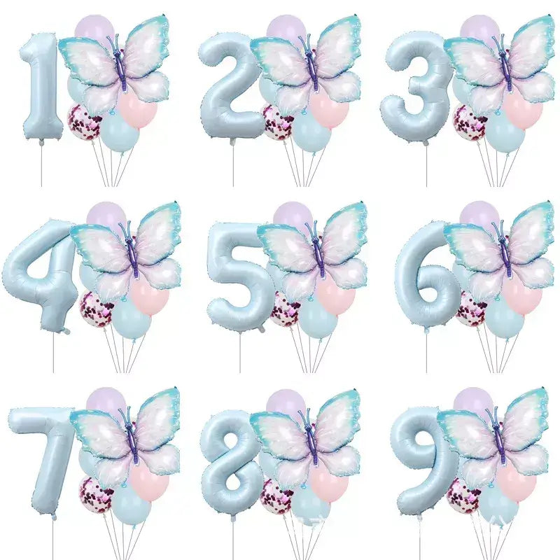 Pastel Blue Butterfly Birthday Balloon Bundle 8pk age 1