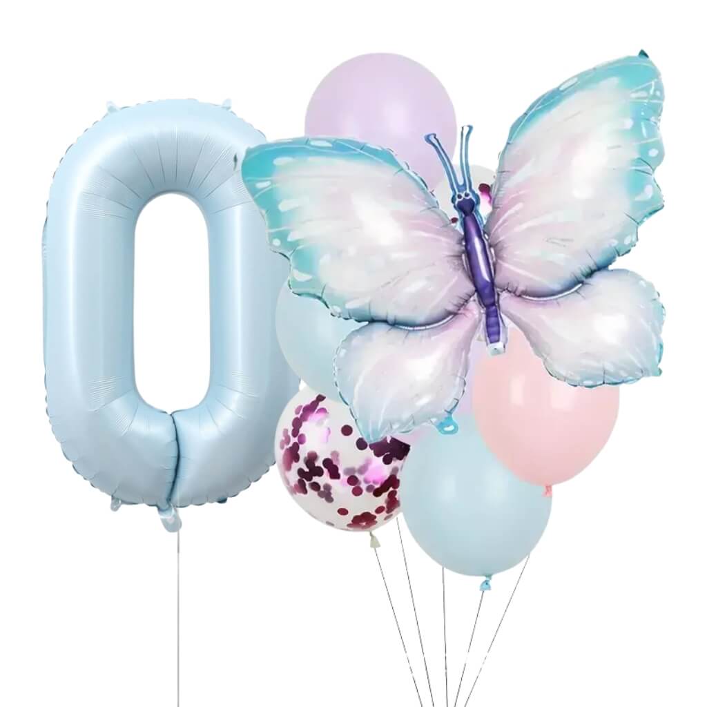 Pastel Blue Butterfly All Age Birthday Balloon Bundle 8pk