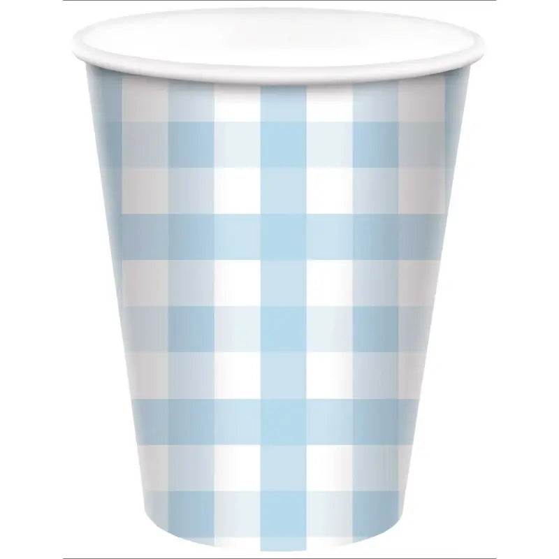 Pastel Blue Gingham Paper Cups 266ml 8pk Party Tableware Decorations