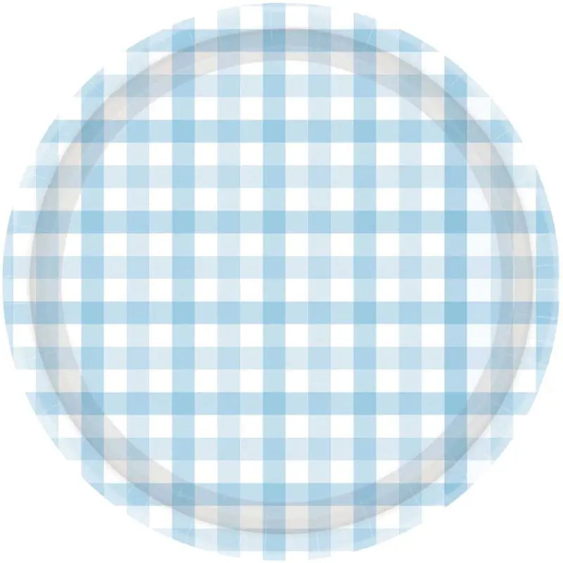 Pastel Blue Gingham Paper Plates 23cm 8pk Party Tableware Decorations