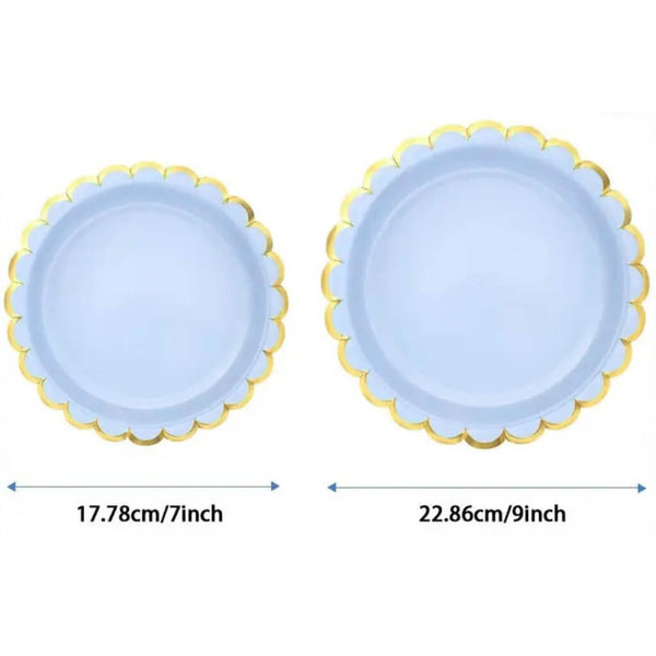 Pastel Blue Gold Scalloped Edging Round Party Paper Plates 10pk
