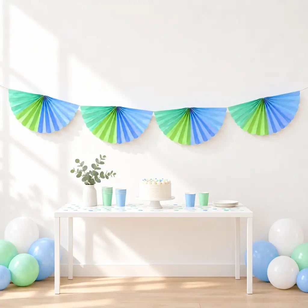 pastel blue and green paper fan garland measuring four metres