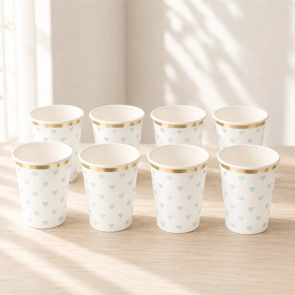 Pastel Blue Heart Paper Cups Gold Rim 266ml 8pk
