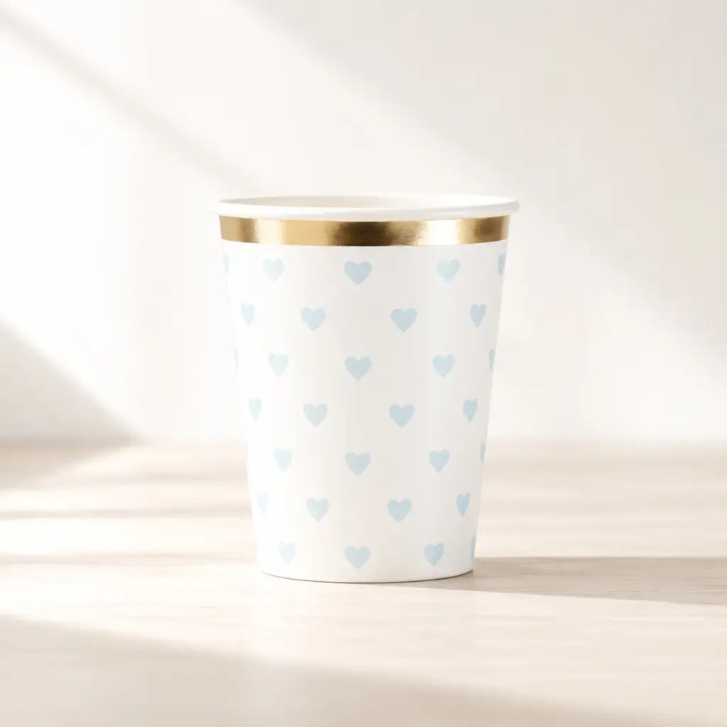 Pastel blue heart paper cups with gold foil rim