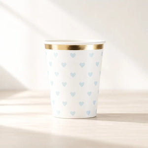 Pastel blue heart paper cups with gold foil rim