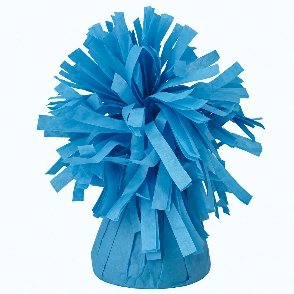 Pastel blue paper balloon weight with a decorative fringed top