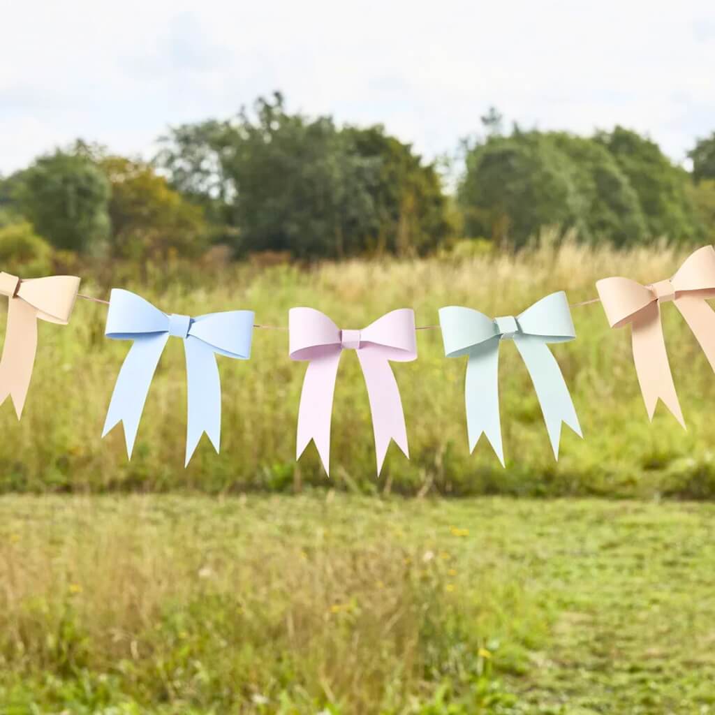 Ditsy Floral Tea Party 3D Card Bow Garland 2.5m in pastel pink, green, blue, and peach paper bows