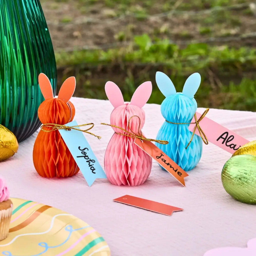 Pink, blue, and orange bunny honeycomb place cards for Easter table