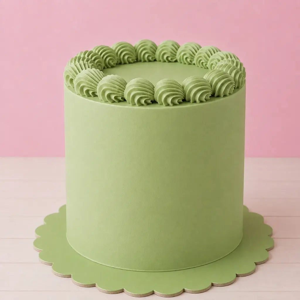 Pastel green round cake board with decorative scalloped edges