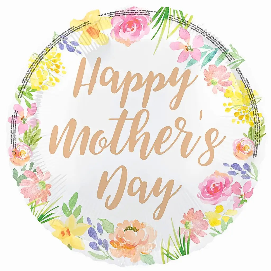 Round foil balloon with 'Happy Mother's Day' text surrounded by floral decorations