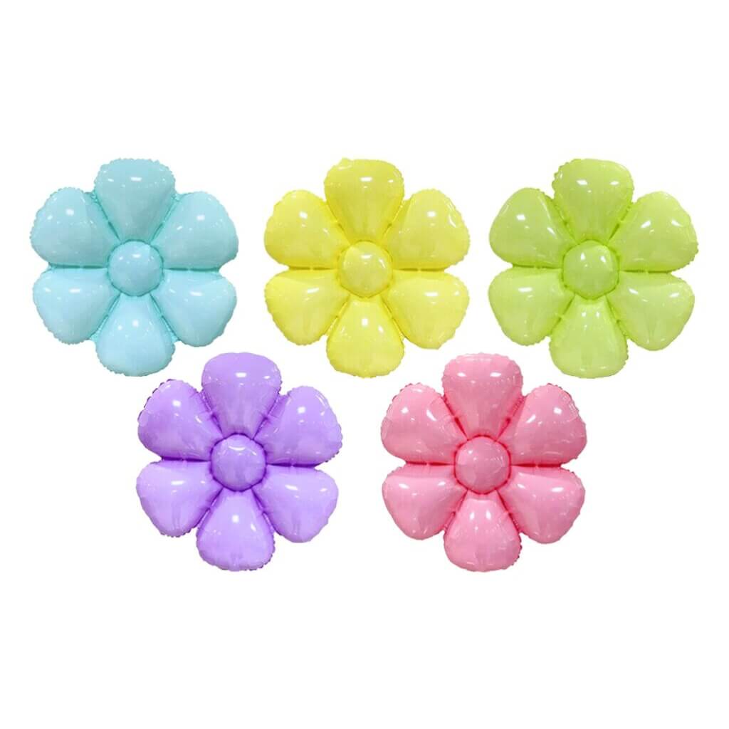 Set of five colourful fdaisy flower-shaped objects on a white background