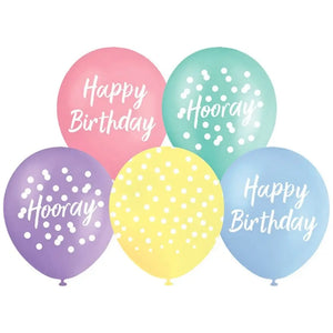 Pastel Happy Birthday printed latex balloons in a ten pack