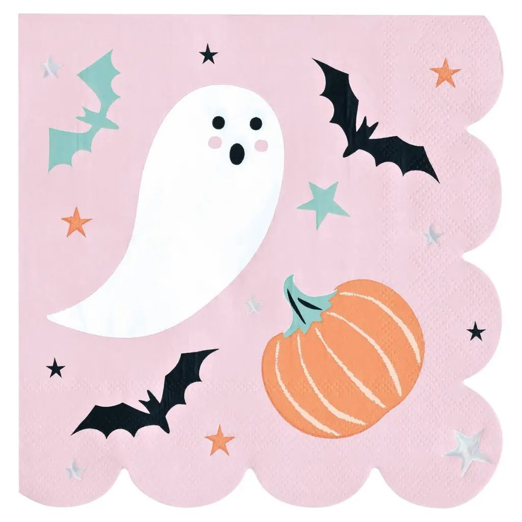 Pink Halloween napkin featuring a friendly ghost pumpkin and foil accents
