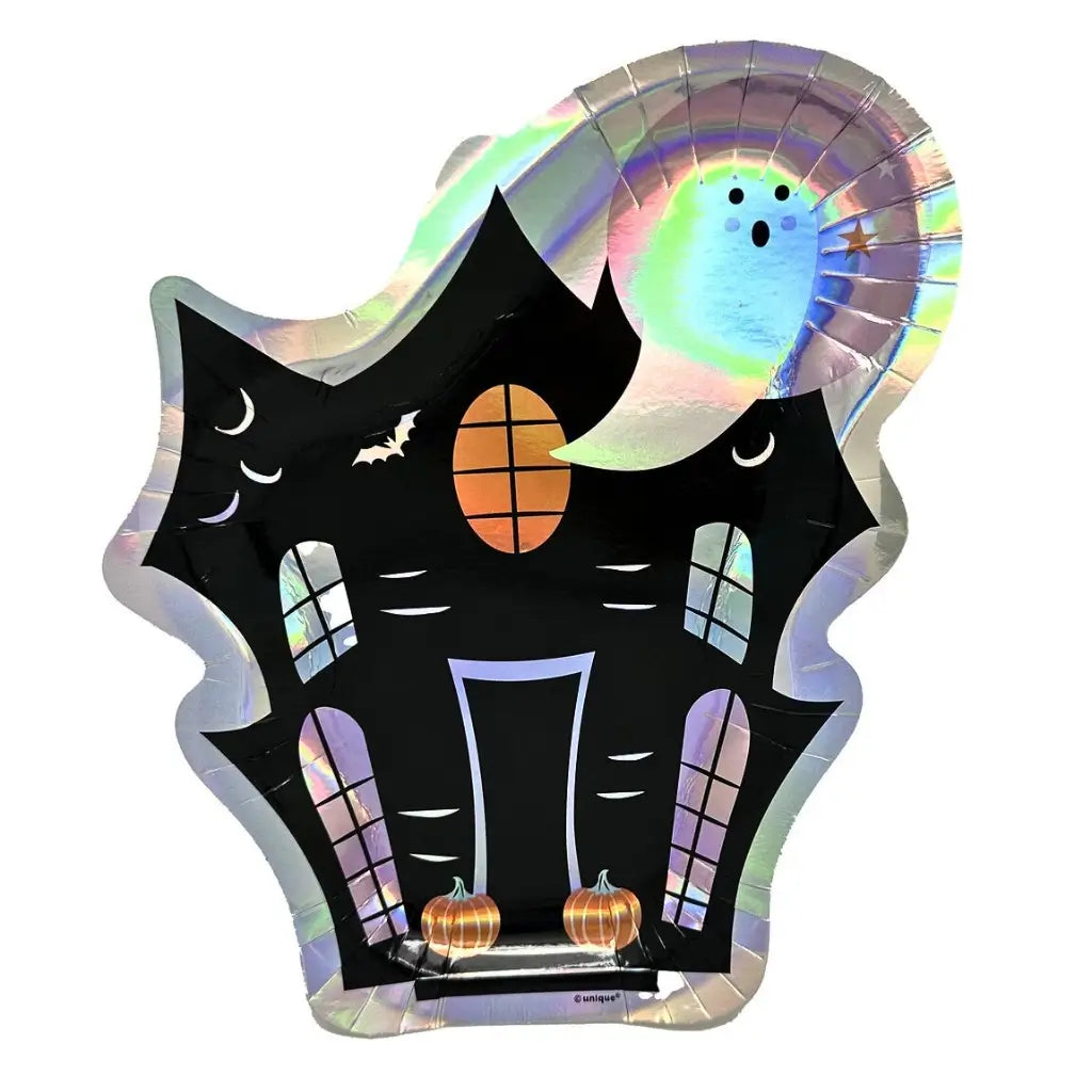 Pastel Hauntings haunted-house-shaped Halloween paper plates in a pack of eight