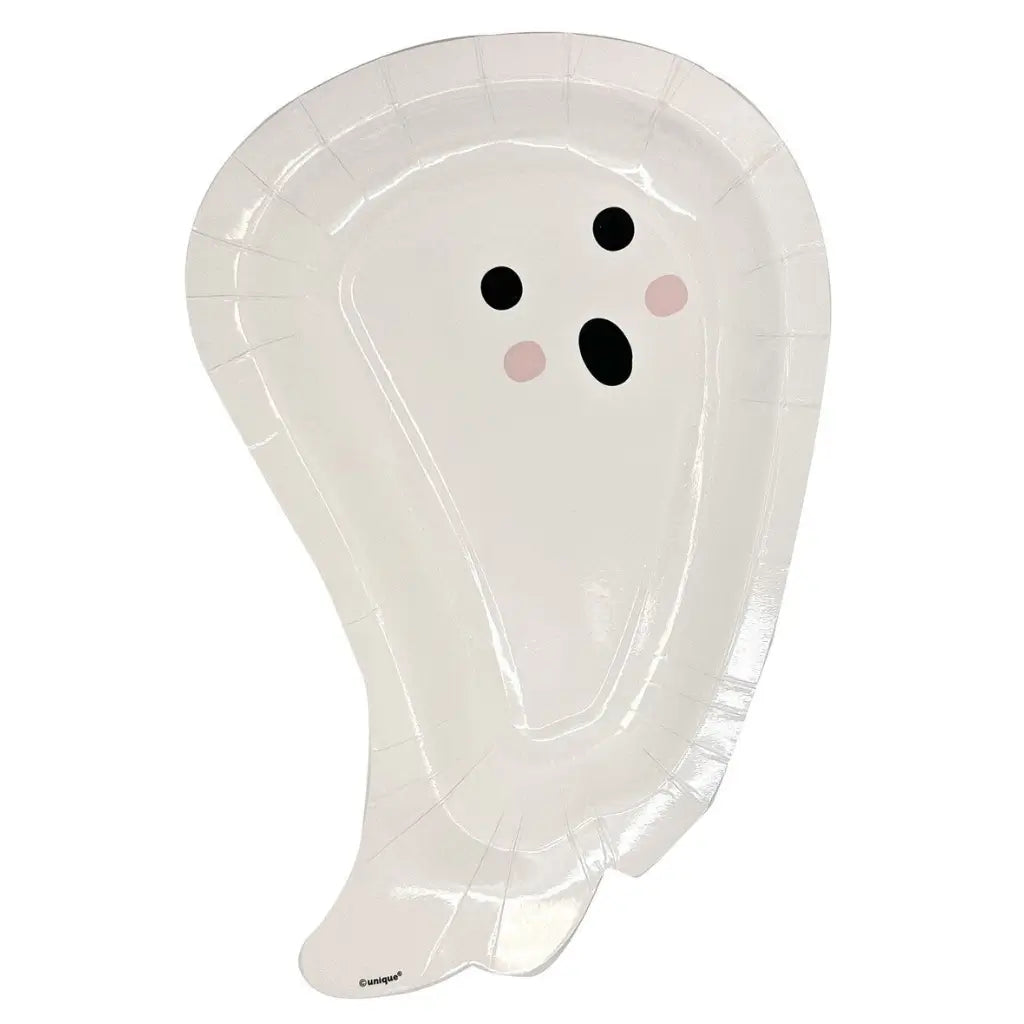 Pastel Hauntings white ghost-shaped Halloween paper plates in a pack of eight
