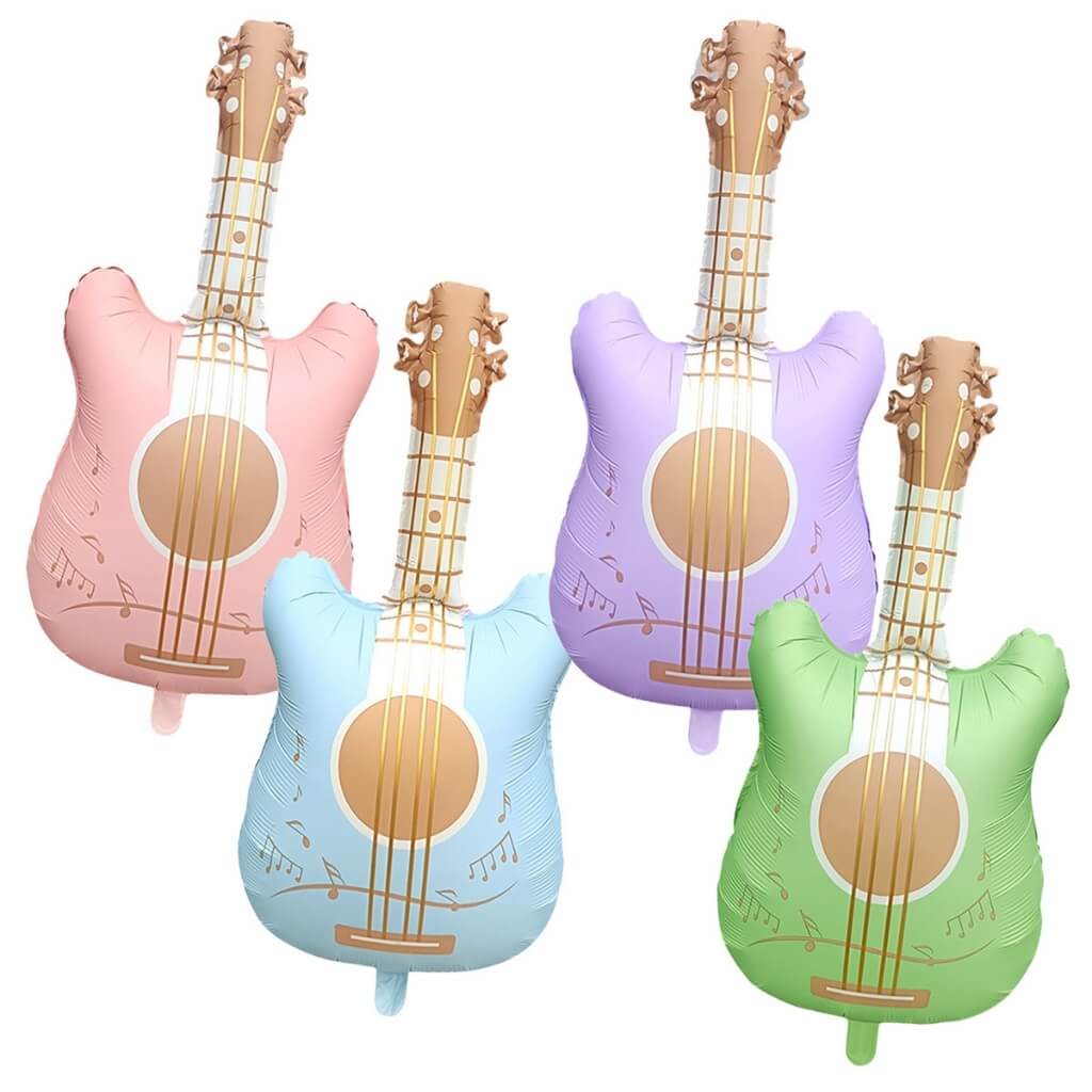 Four inflatable guitar-shaped balloons in pink, blue, purple, and green on a white background.