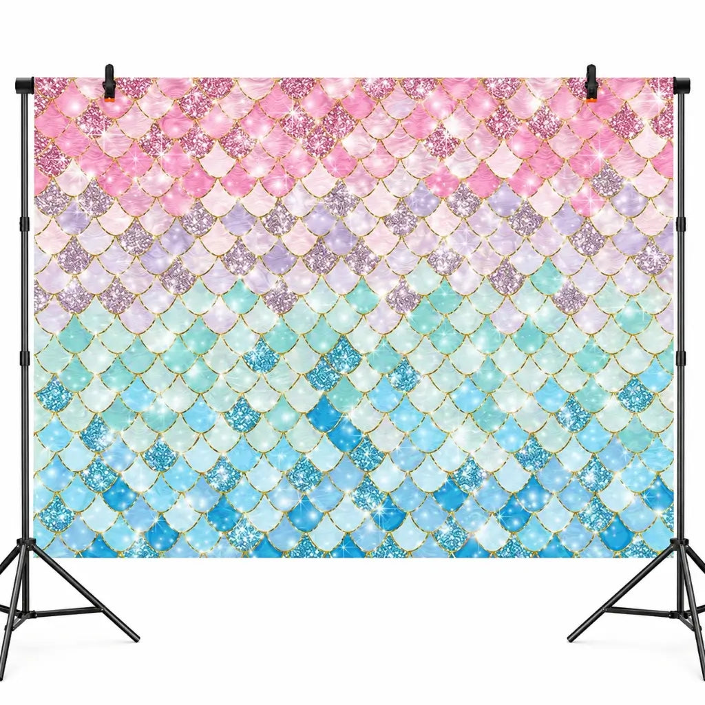 Pastel mermaid scales party backdrop with pink aqua and blue colouring