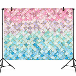 Pastel mermaid scales party backdrop with pink aqua and blue colouring