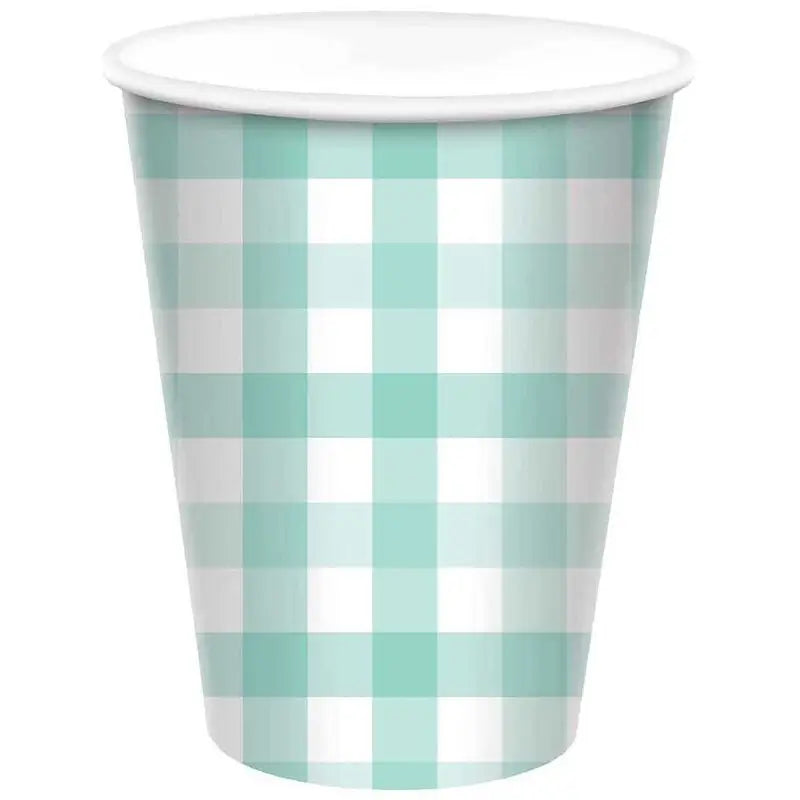 Pastel Mint Green Gingham Paper Cups 266ml 8pk