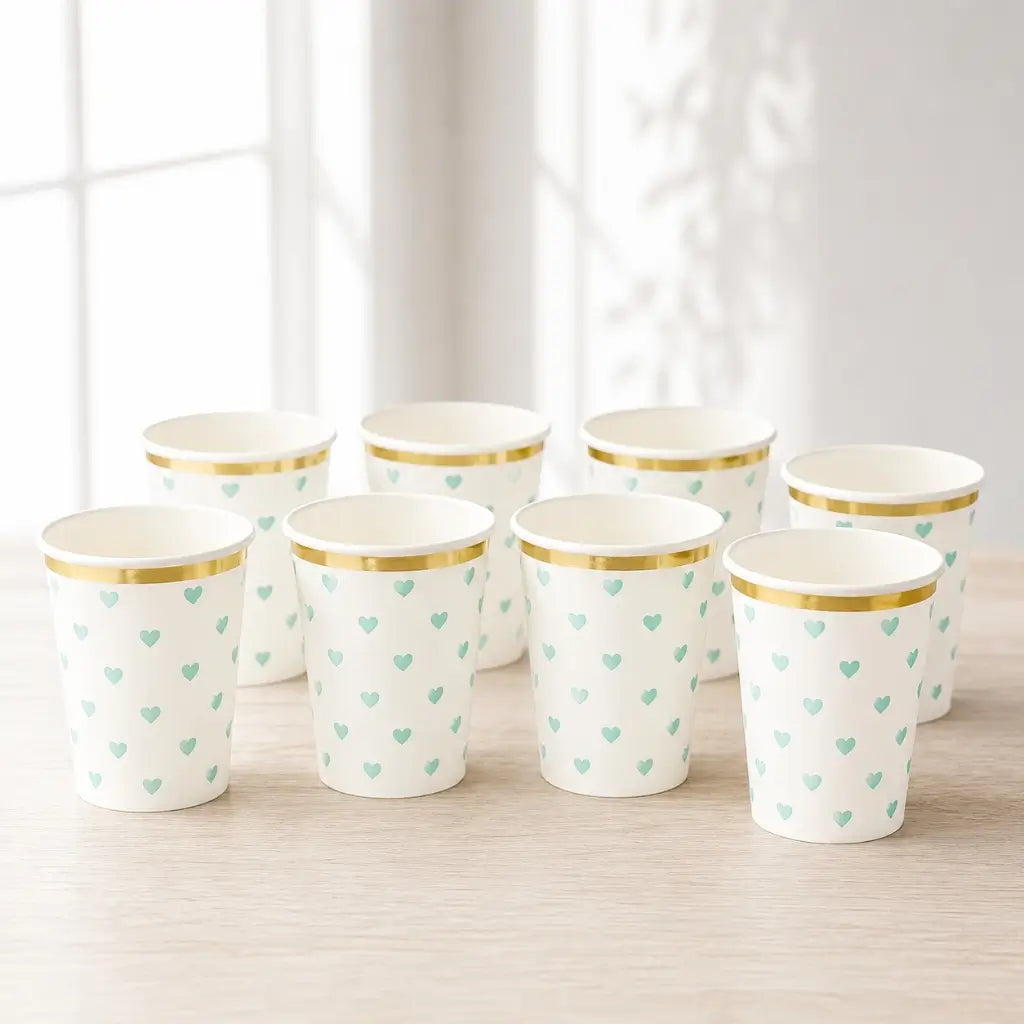 Mint green heart paper cups with gold foil rim