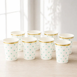 Mint Green Heart Paper Cups Gold Rim 266ml 8pk
