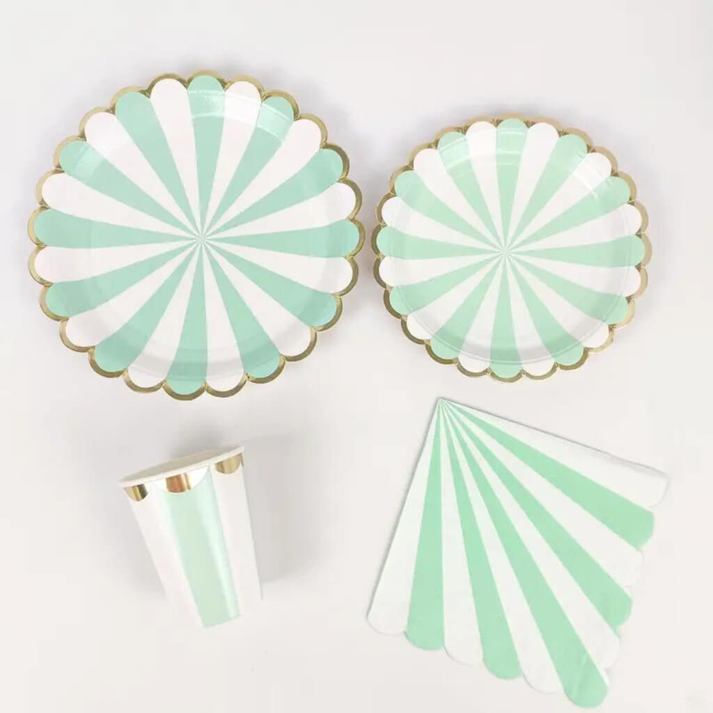 Pack of 10 Mint Green &amp; White Striped Paper Cups with Gold Trim 266ml.